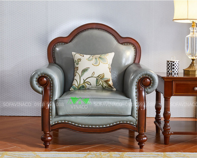 Ghế sofa đơn tân cổ điển màu ghi da bóng sang trọng đẹp mắt cho phòng khách